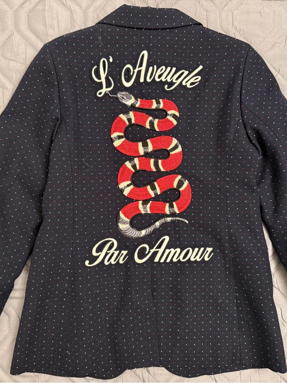 Gucci Navy Blazer with Burgundy Lining and Cream Tag Detail Sz 8